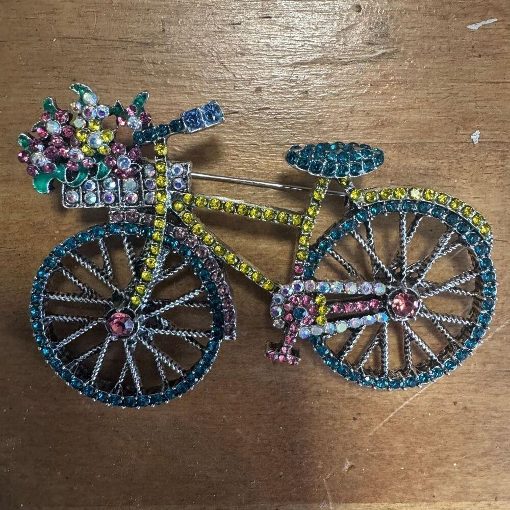 Gold Tine Rhinestone Bike Brooch